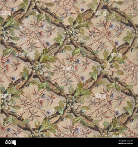 Design for wallpaper featuring oak leaves, acorns, and intertwined ...