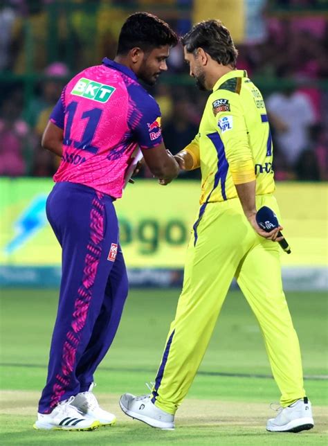 Jaipur Csk Captain Ms Dhoni And Rr Captain Sanju Samson During The Toss