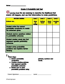 Grade 2 Probability Unit Test Based On Ontario S New Math Curriculum