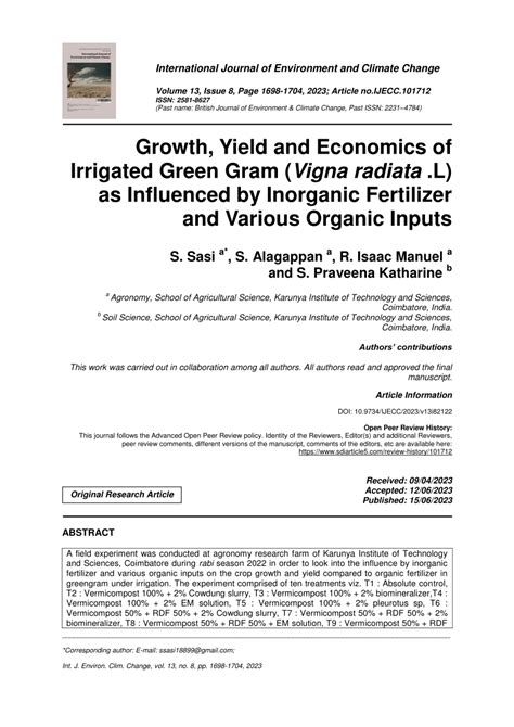 Pdf Growth Yield And Economics Of Irrigated Green Gram Vigna