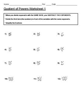 Exponents Quotient Of Powers Worksheet By Mr Nicol TPT