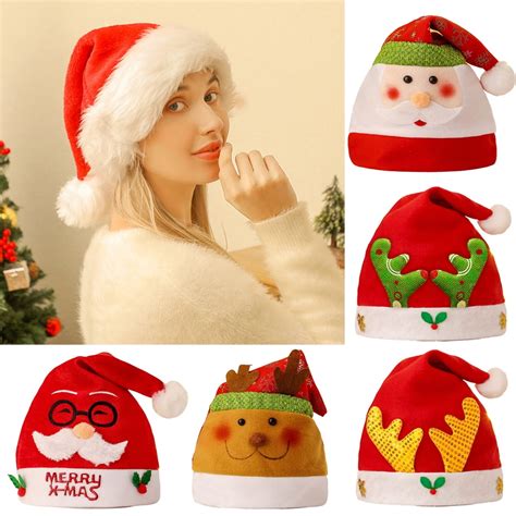 LINASHI Christmas Hats Santa Hats Plush Santa Hats Stretchy Plush Ball ...