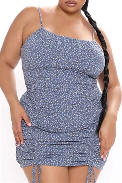 Wholesale Light Blue Sexy Plus Size Print Draw String Backless Spaghetti Strap Sleeveless Dress