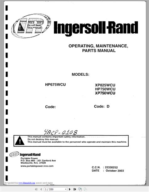 Ingersoll Rand Xp Wcu Hp Wcu Xp Wcu Operating Maintenance Parts