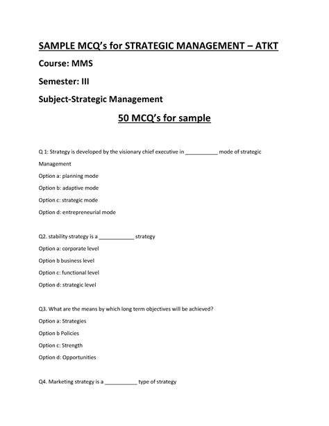 Mcqs Sample For Strategic Management Mmsiii Sample Mcqs For