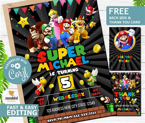 Printable Birthday Invitation Mario Invite Super Mario Invitation Mario