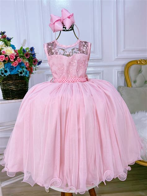 Vestido Infantil Rosa C Renda E Cinto De P Rolas Damas Luxo Rosa