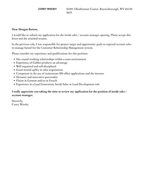 Inside Sales Account Manager Cover Letter Velvet Jobs