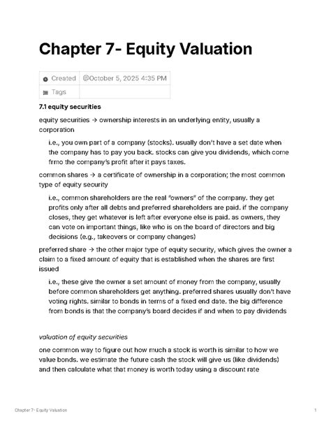 Chapter 7 - Equity Valuation: Understanding Equity Securities - Studocu