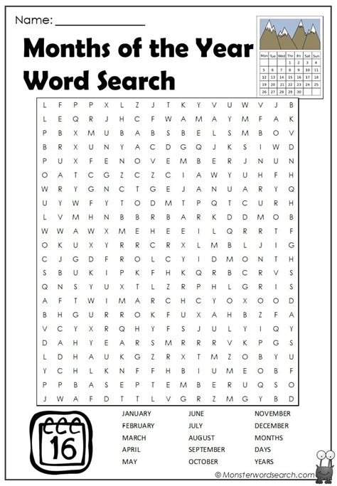 Months Word Search Printable