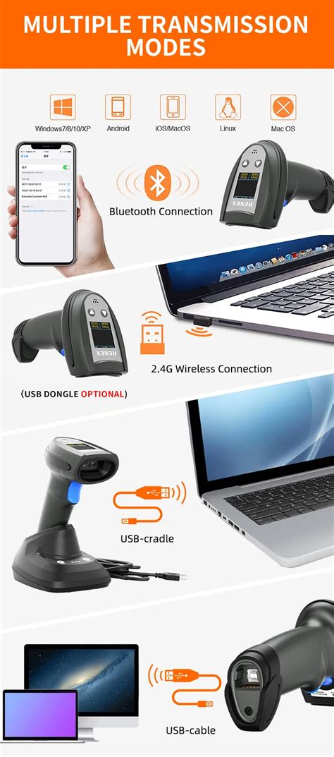 Henex Handheld Wireless Barcode Scanner With Lcd Screen Charging Base