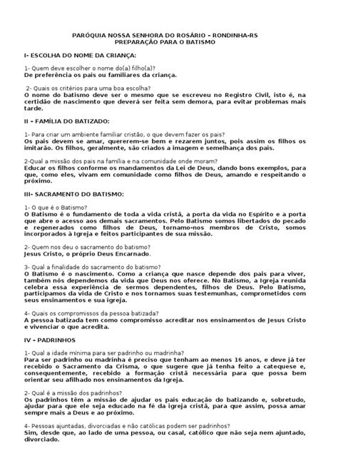 Perguntas Sobre A Igreja Catolica - Perguntas e Orientações sobre o Batismo | PDF | Batismo | Igreja católica