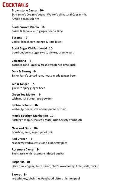 Menu at Brownstone Restaurant, Kamloops