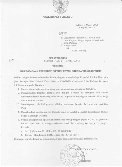 SURAT EDARAN WALIKOTA PADANG TENTANG KEWASPADAAN INFEKSI CORONA VIRUS