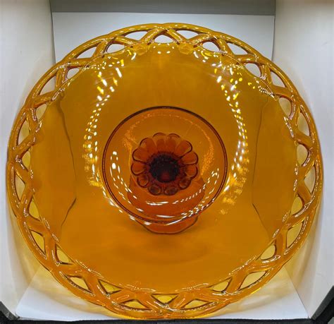 Vintage Indiana Glass Amber Open Lace Footed Cake Stand Etsy