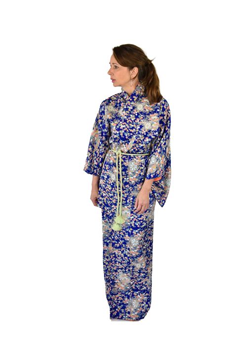 Japanese Vintage Kimono Robe Blue With Belt Cleaned And Ready To Wear Sexy Dressing Gown