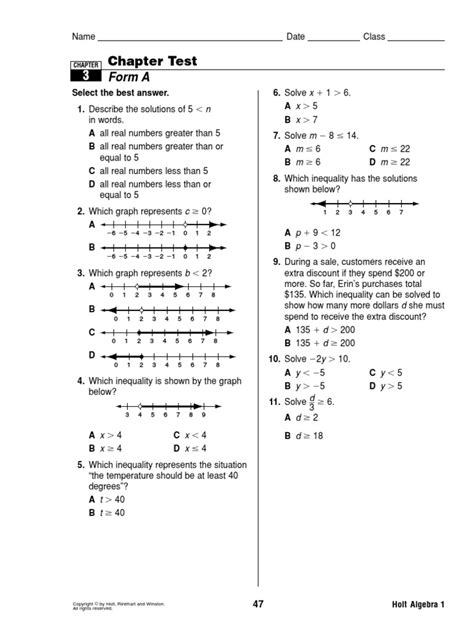 Holt Algebra 1 Chapter 3 Test Inequality Mathematics Real Number