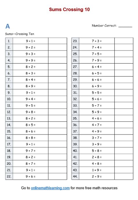 Sums Across 10 Worksheets First Grade Printable Worksheets Library