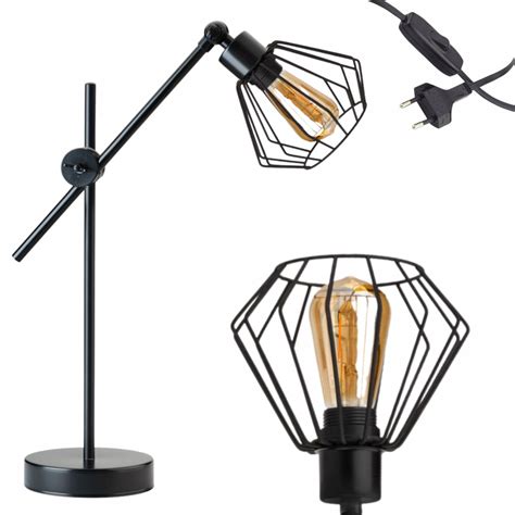 Lampa Nocna Lampka Biurkowa Loftowa Druciana Industrialna Czarna LED