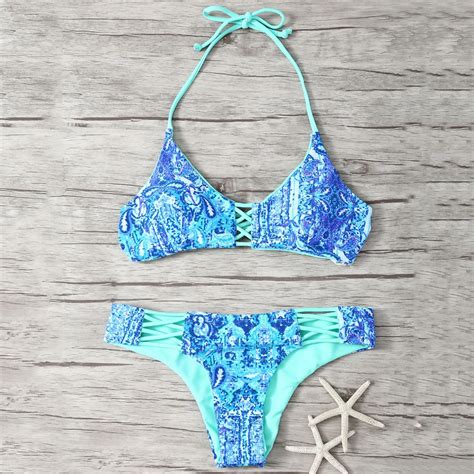 New Bright Blue Reversible Vintage Printed Sexy Triangle Bikini