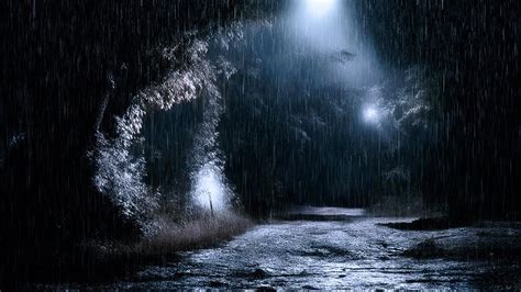 Heavy Rain On Quiet Street In Park At Night Relieve Stress Eliminate