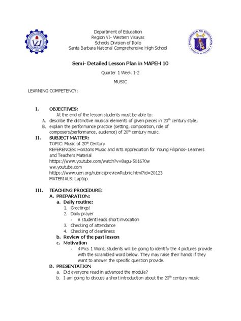 Lesson Plan in Mapeh 10 (Music) q1 - w1-2 | PDF | Lesson Plan | Learning