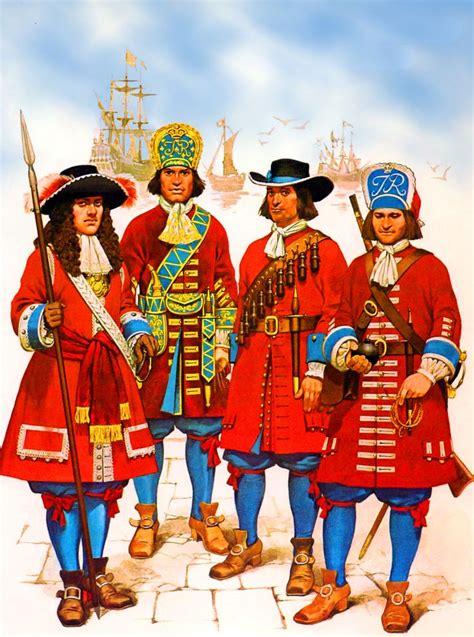 Four Men Dressed In Red And Blue Standing Next To Each Other