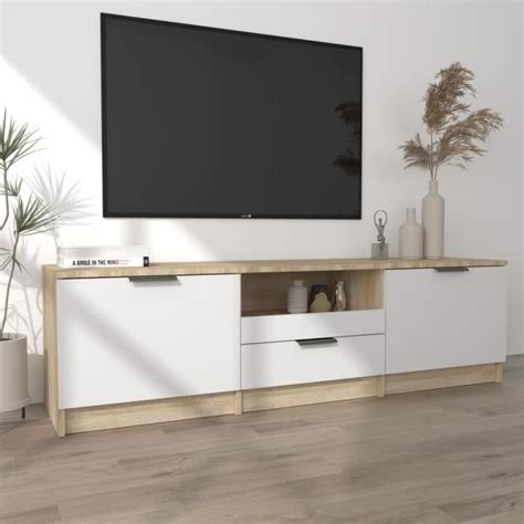 Zerodis Meuble Tv Blanc Et Ch Ne Sonoma X X Cm Bois D Ing Nierie