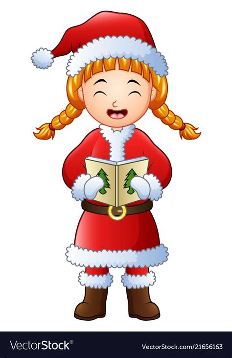 Cartoon Girl Singing Christmas Carols Isolated Vector Image