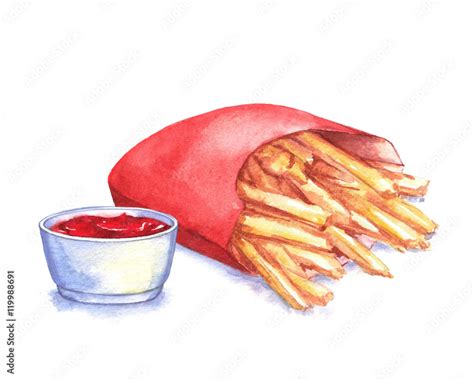 Watercolor illustration of hand-drawn French fries with ketchup, isolated on the white ...