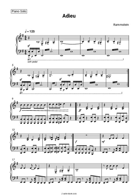 Adieu Piano Sheet Music Rammstein In Note Piano Solo Sku