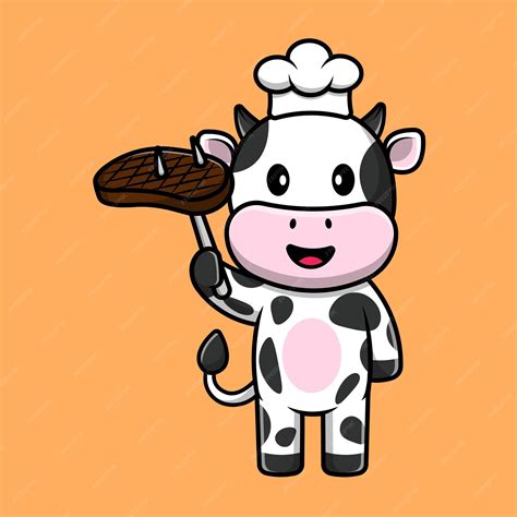 Premium Vector Cute Cow Chef With Steak Cartoon Vector Icons Illustration