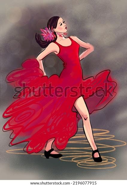 Flamenco Dancer Red Dress On Dark Stock Illustration 2196077915