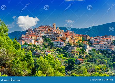 View Of Perinaldo In The Province Of Imperia Liguria Italy Stock