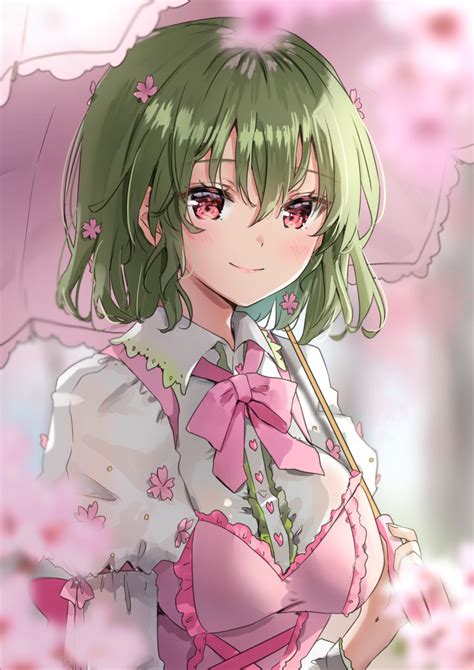 Safebooru 1girl Alternate Costume Blush Cherry Blossoms Closed Mouth Collared Shirt Green Hair