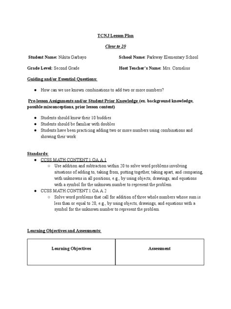 Lesson Plan For Math 1 Download Free Pdf Lesson Plan Mathematics