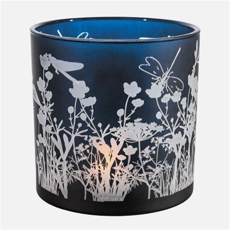 Blue Frosted Glass Candle Holder With Wildflowers Decal Linen Chest