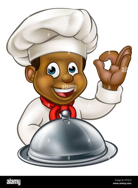 Cartoon Black Chef Or Baker Holding A Silver Cloche Food Meal Plate Platter And Giving A Perfect