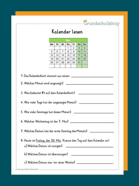 Kalender Lesen Lernen Kalender Mathe Klasse