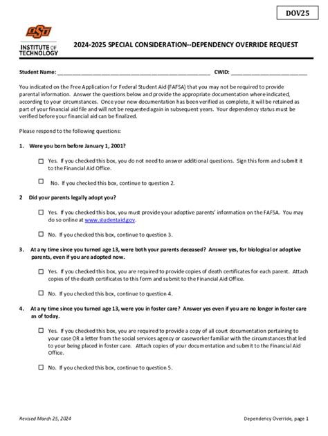 Fillable Online Special Consideration Dependency Override