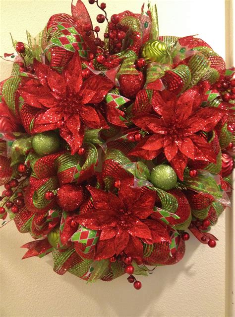 Christmas Deco Mesh Wreath With Red Glitter Poinsettias And Berries