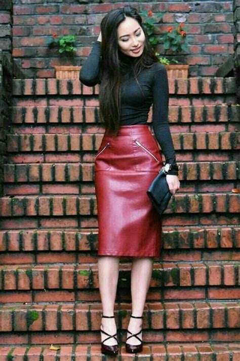 Lederlady Red Leather Skirt Women White Blouse Pencil Skirt Outfits