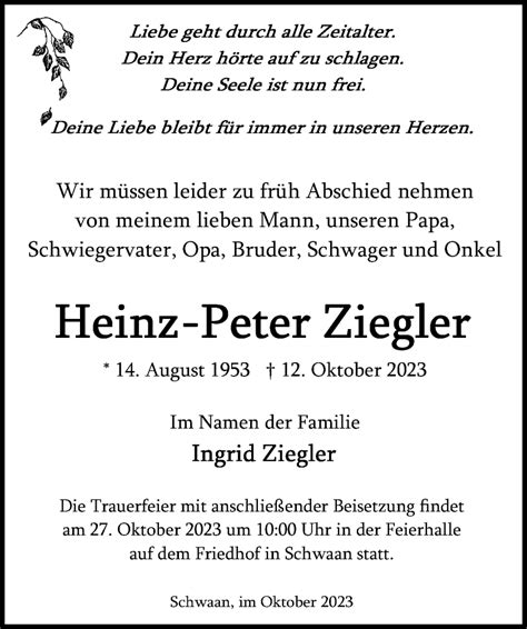 Traueranzeigen Von Heinz Peter Ziegler Trauer Anzeigen De