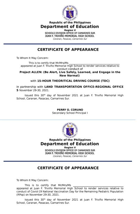 Certificate Of Appearance Republic Of The Philippines Department Of Education Region V Schools