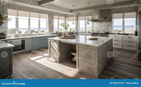 Interior Deisgn Of Kitchen In Coastal Style With Ocean View Stock