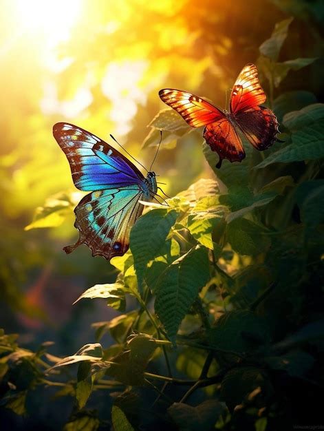 Mariposa en una planta con el sol brillando detrás de ellas Foto Premium