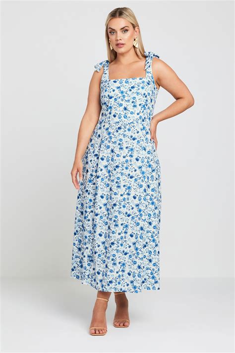 Yours Plus Size Blue Floral Print Bow Strap Midaxi Dress Yours Clothing