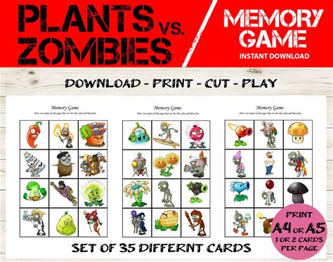 30 Card Plants Vs Zombies Bingo And Memory Game Plants Vs Etsy