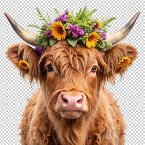 Premium Psd Adorable Highland Cow Surrounded By Flowers Isolated On