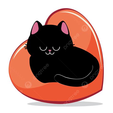 Cute Cartoon Black Cat And Sleeping On Big Red Heart Illustration